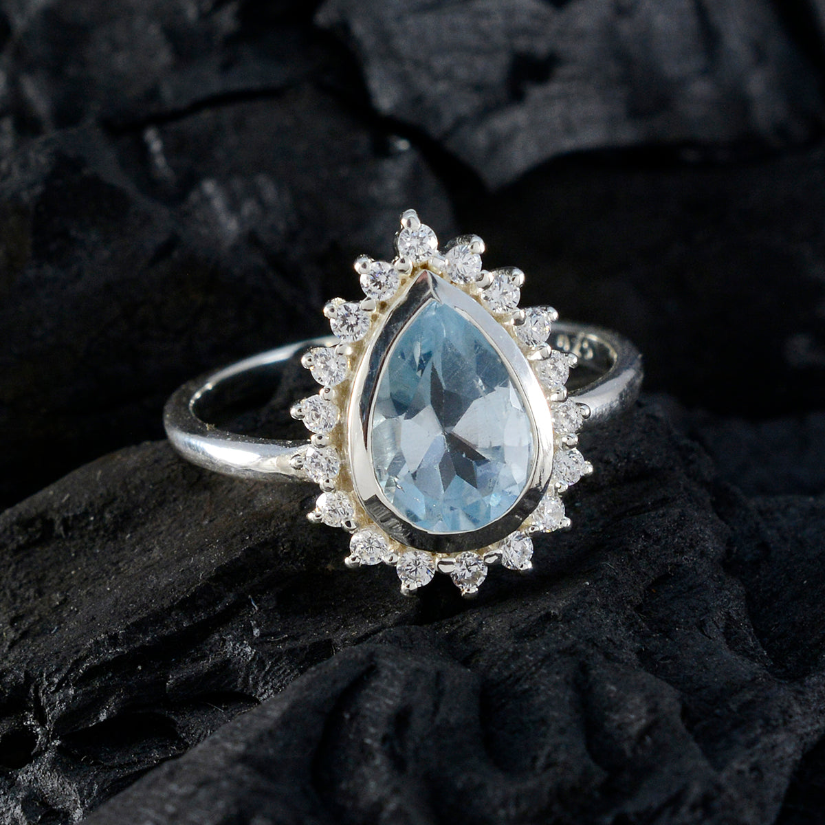 Blue Topaz Halo Korean 925 Sterling Silver Blue Gemstones Whisper thin Sophisticated Ring Jewelry