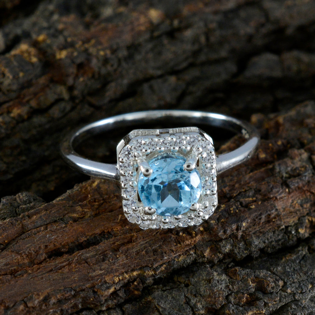 Blue Topaz Halo Korean 92.5 Silver Blue Gems Delicate Abstract Ring Jewelry