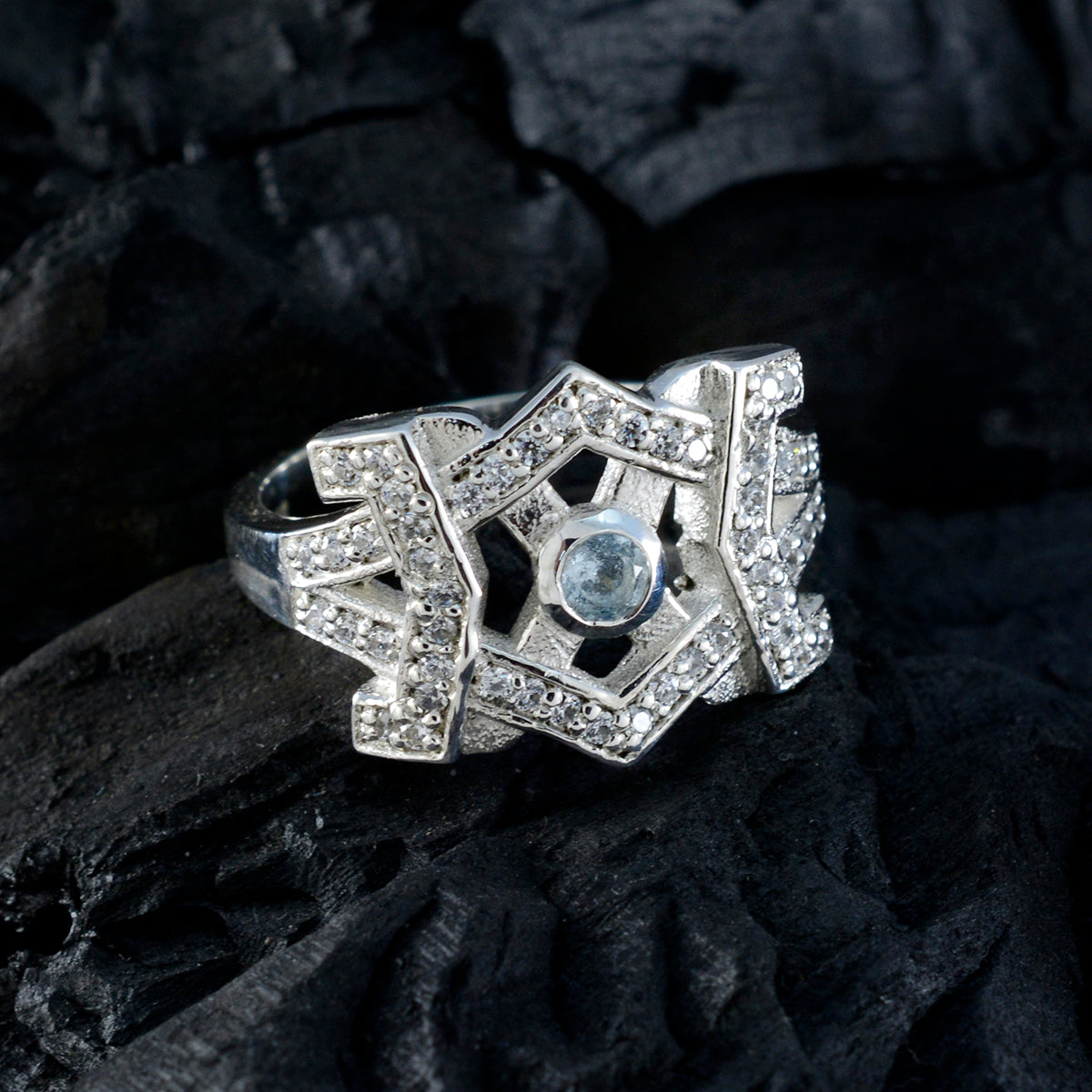 Blue Topaz Halo Moroccan Silver Blue Gemstone Classic Graceful Ring Jewellery