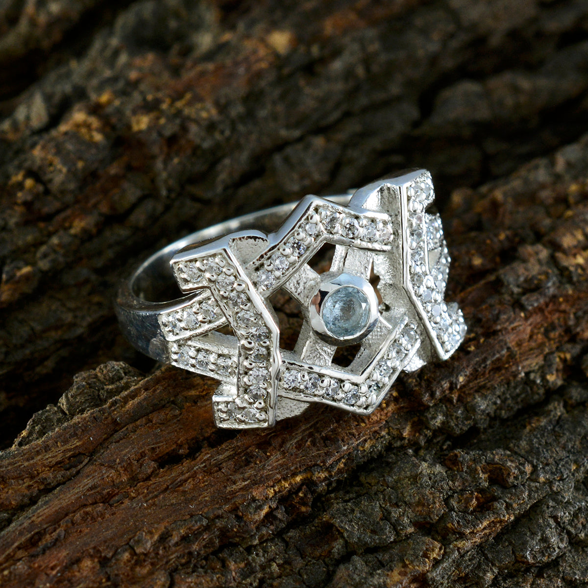 Blue Topaz Halo Moroccan Silver Blue Gemstone Classic Graceful Ring Jewellery