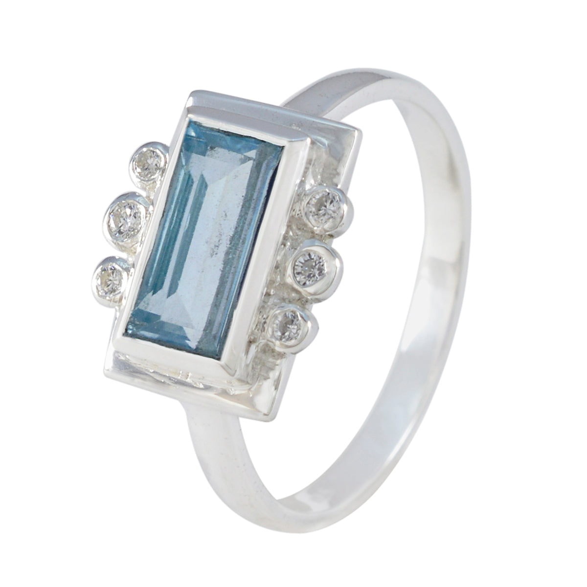 Anillo de lujo con halo de topacio azul, plata francesa 925, gemas azules, ligero como una pluma. Imagen secundaria del producto