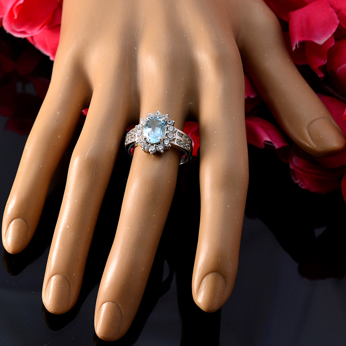 Blue Topaz Halo German 92.5 Silver Blue Gemstone Tiny Trendy Ring Jewelry