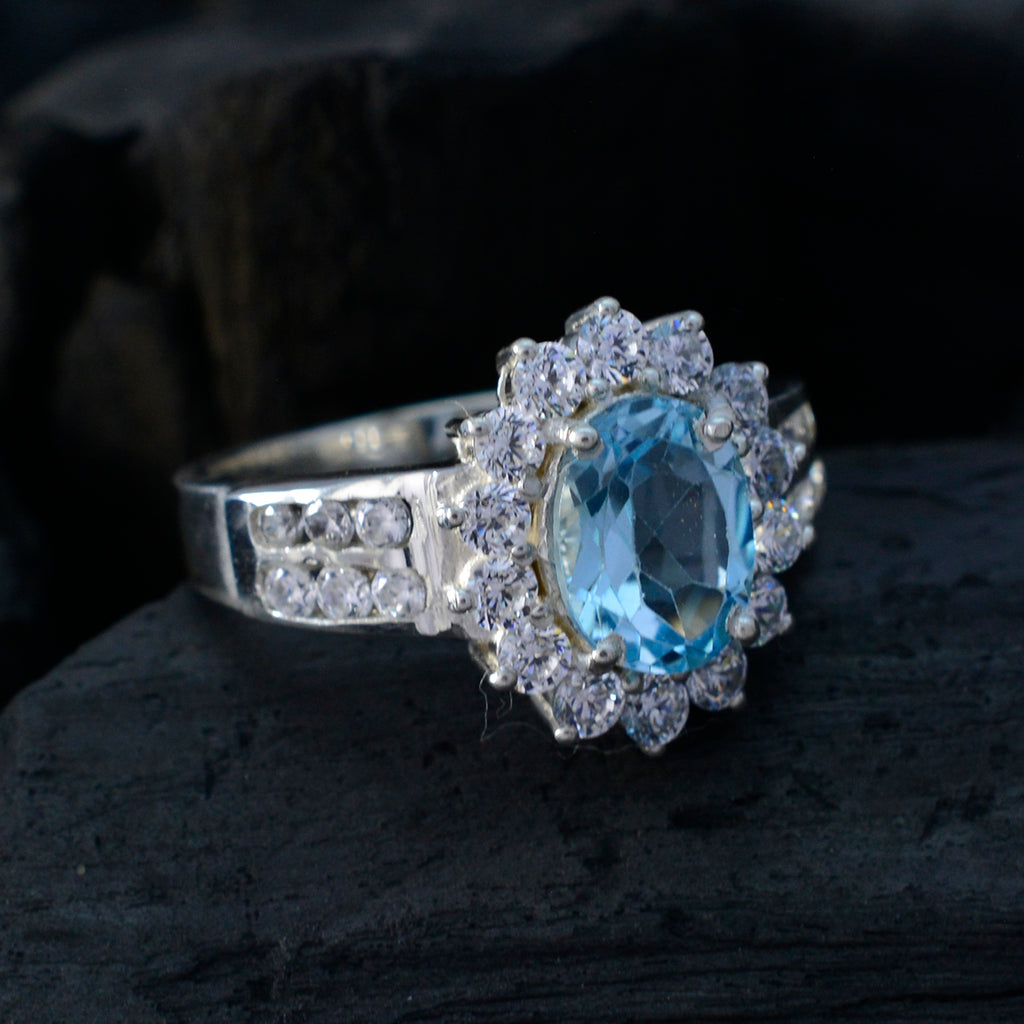 Blue Topaz Halo German 92.5 Silver Blue Gemstone Tiny Trendy Ring Jewelry