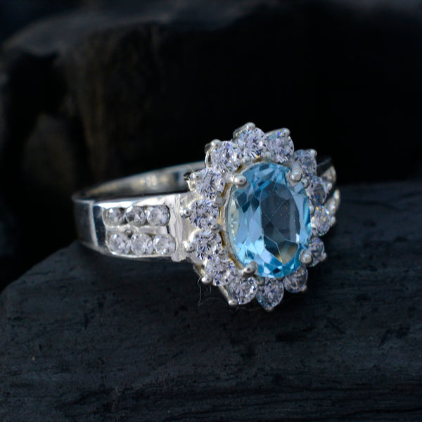 Blue Topaz Halo German 92.5 Silver Blue Gemstone Tiny Trendy Ring Jewelry