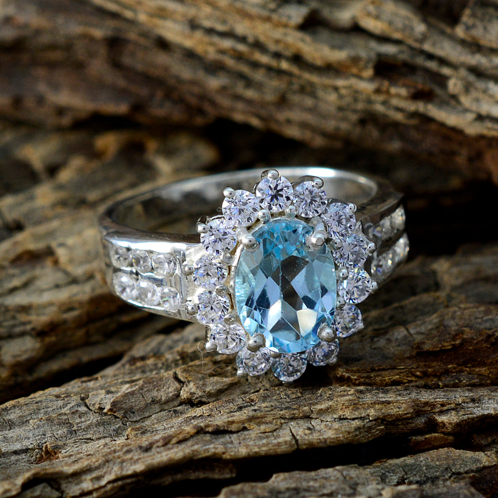 Blue Topaz Halo German 92.5 Silver Blue Gemstone Tiny Trendy Ring Jewelry