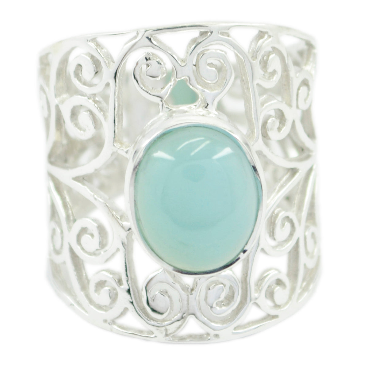 Blue Chalcedony Solitaire Spanish 92.5 Silver Blue Gems Eye catching Filigree Ring Jewellery