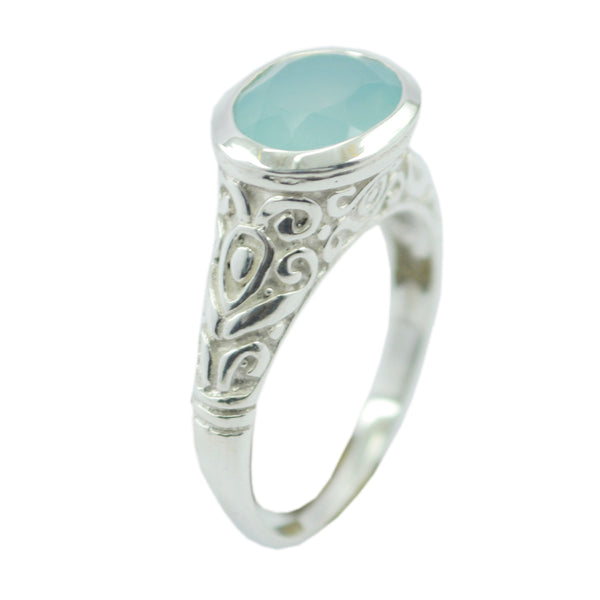 Blue Chalcedony Solitaire German 92.5 Silver Blue Gems Minimal Art Deco Ring Jewelry