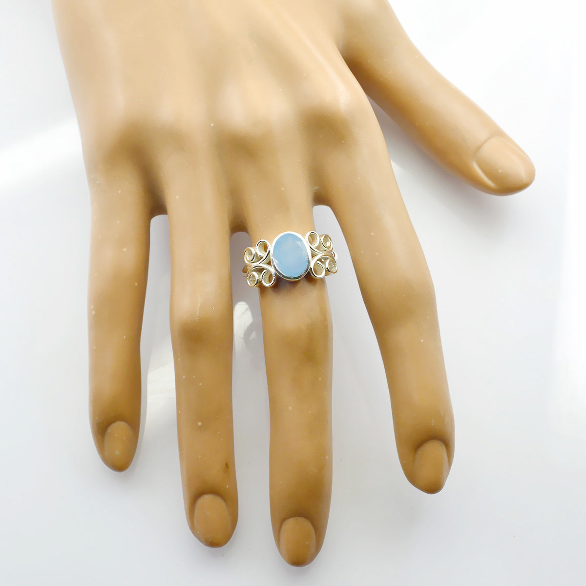 Blauwe chalcedoon solitaire Russisch sterling zilver blauwe edelstenen slanke erfgoedring sieraden Secundaire afbeelding