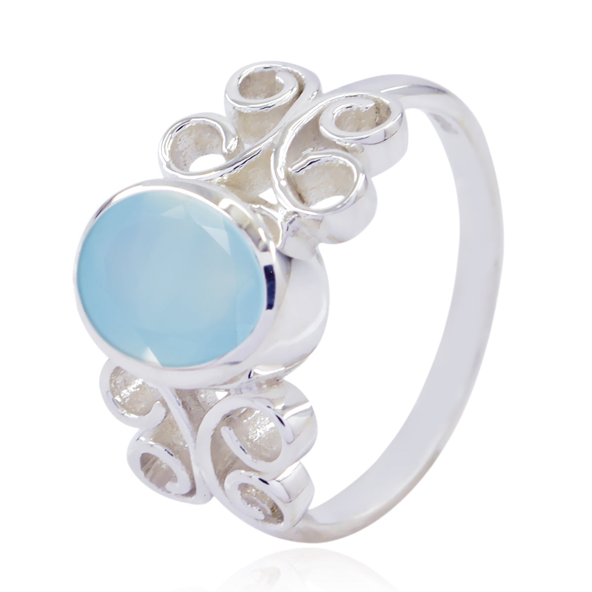 Blue Chalcedony Solitaire Russian Sterling Silver Blue Gemstones Slim Heritage Ring Jewelry