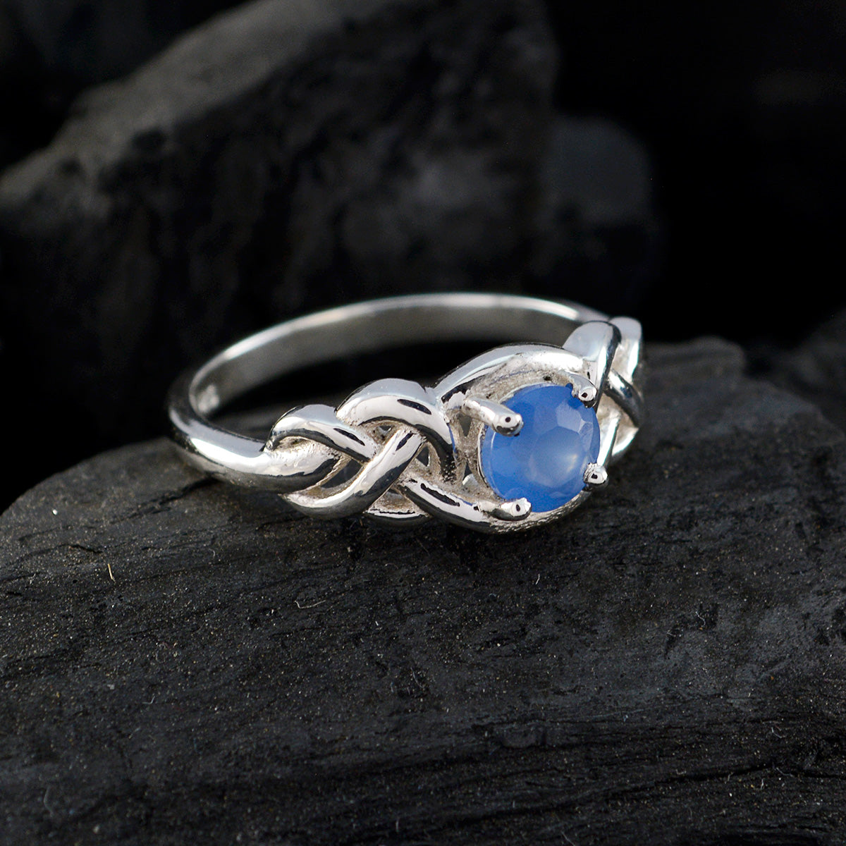 Blue Chalcedony Solitaire Turkish Silver Blue Gemstone Dainty Feminine Ring Jewellery