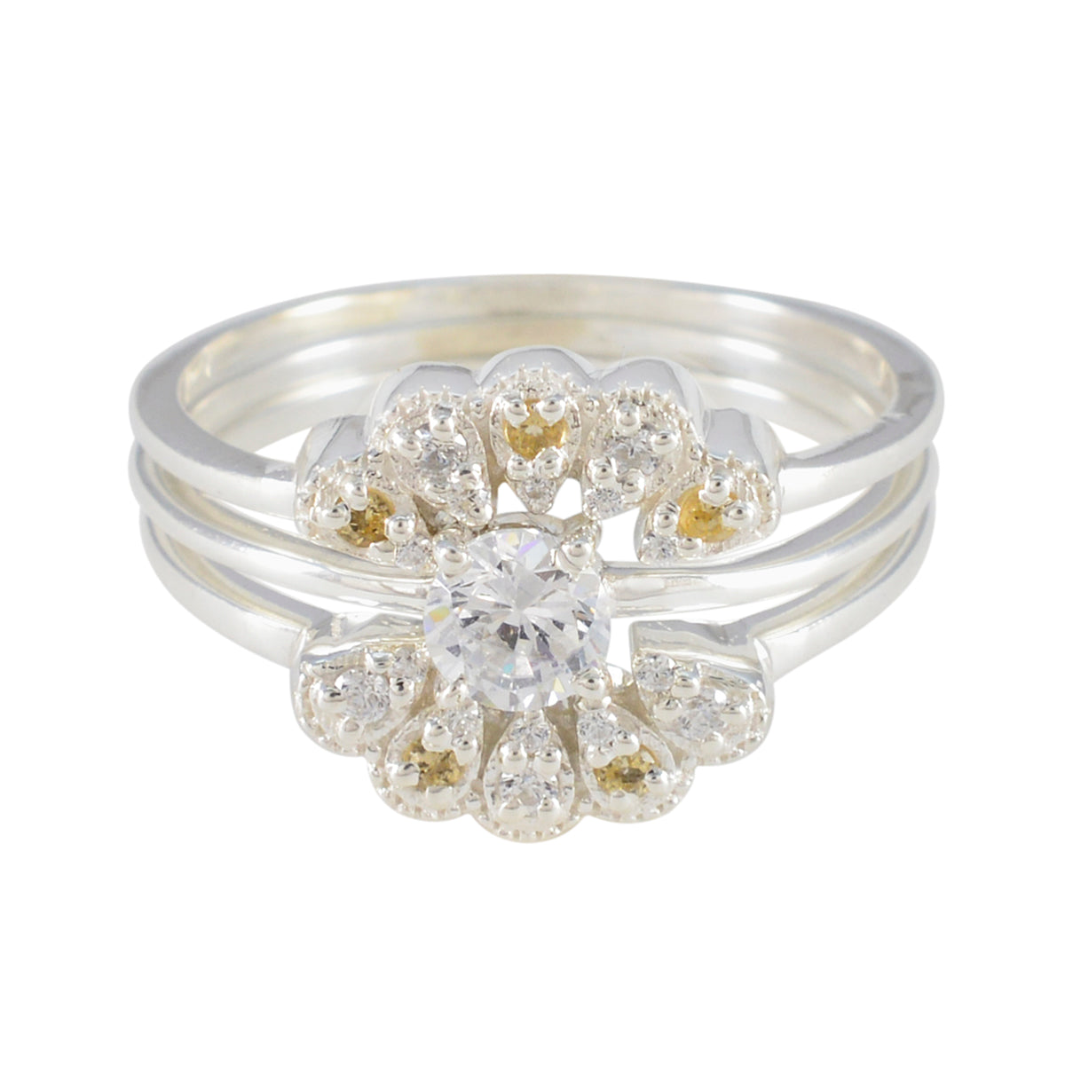 Citrine CZ Halo Moroccan Sterling Silver Yellow Gemstones Classic Luxurious Ring Jewelry Hoofdafbeelding