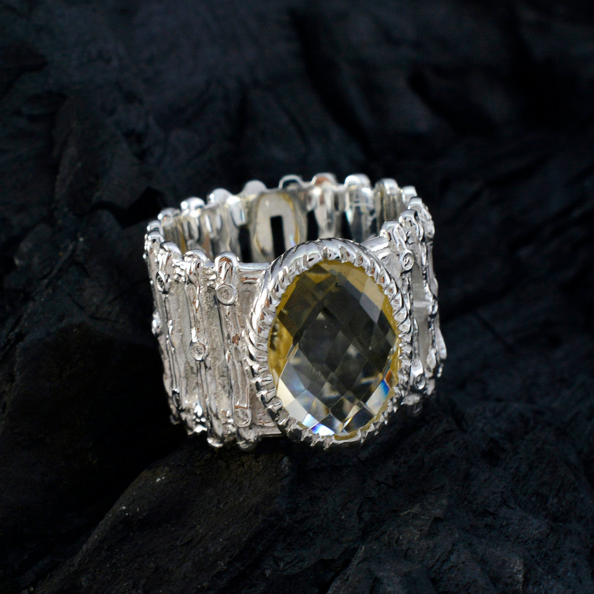 Citrine Solitaire African Sterling Silver Yellow Gemstone Edgy Armor Band Jewelry