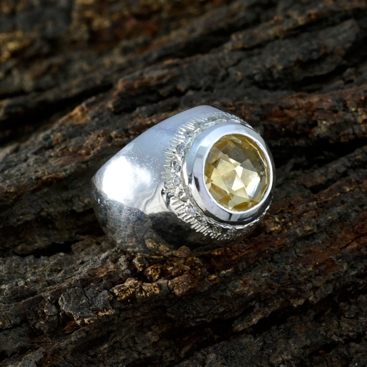 Citrine Halo German 92.5 Silver Yellow Gemstone Chunky Ethnic Ring Jewelry