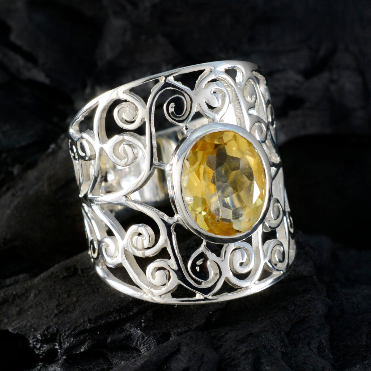 Citrine Solitaire Middle Eastern Silver Yellow Gemstones Versatile Filigree  Ring Jewelry