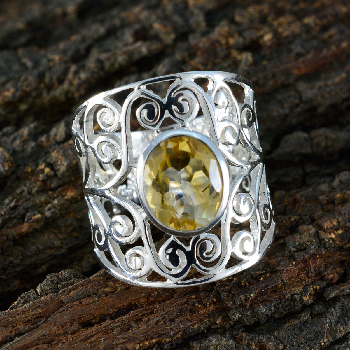 Citrine Solitaire Middle Eastern Silver Yellow Gemstones Versatile Filigree  Ring Jewelry