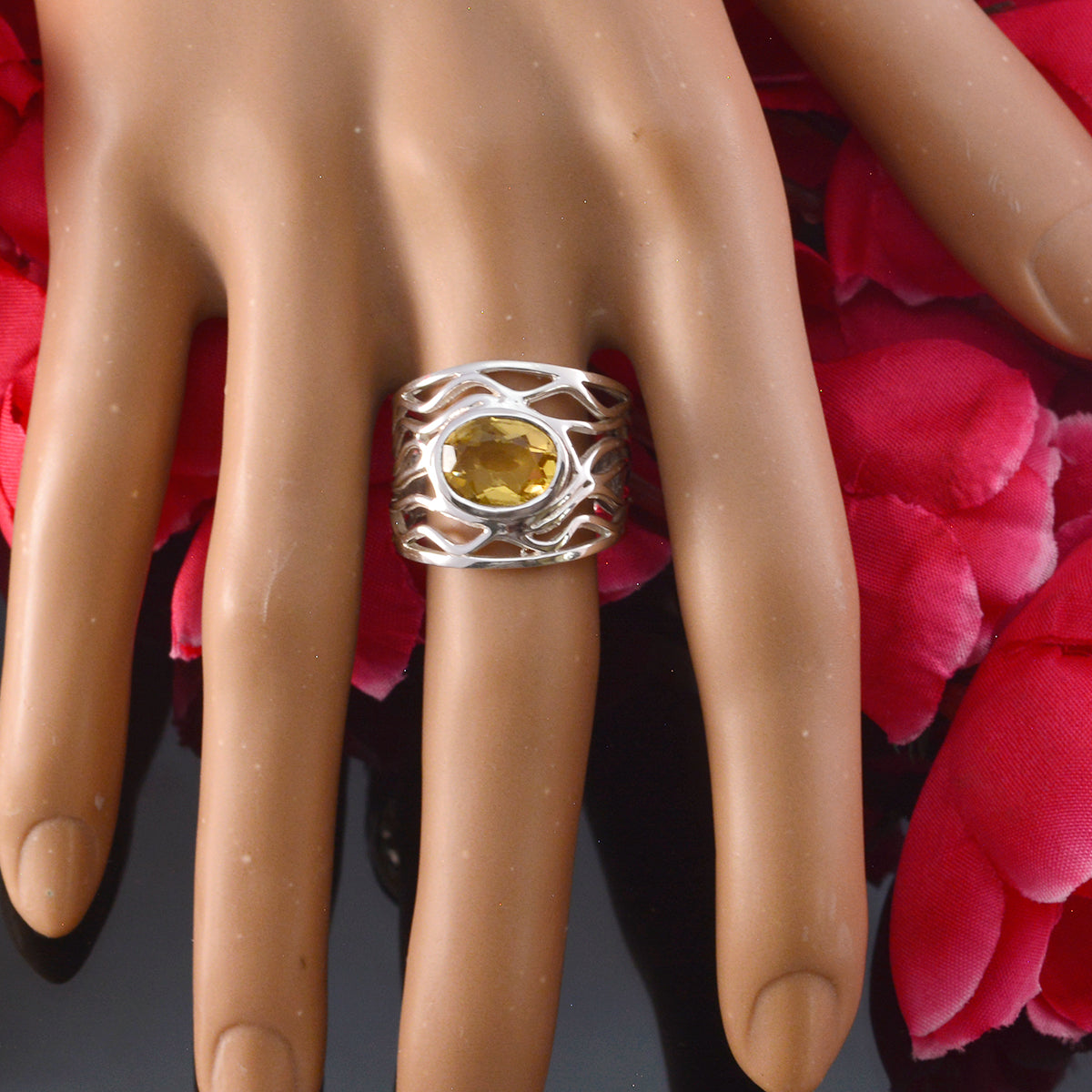 Citrine Solitaire Mexican 925 Silver Yellow Gems Minimal Rope Wire Ring Jewelry