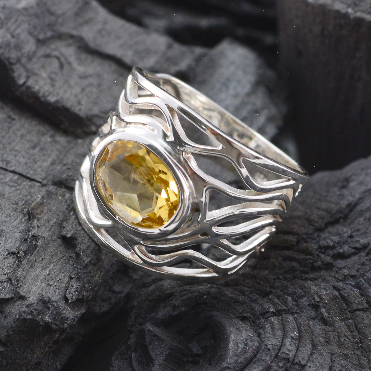 Citrine Solitaire Mexican 925 Silver Yellow Gems Minimal Rope Wire Ring Jewelry