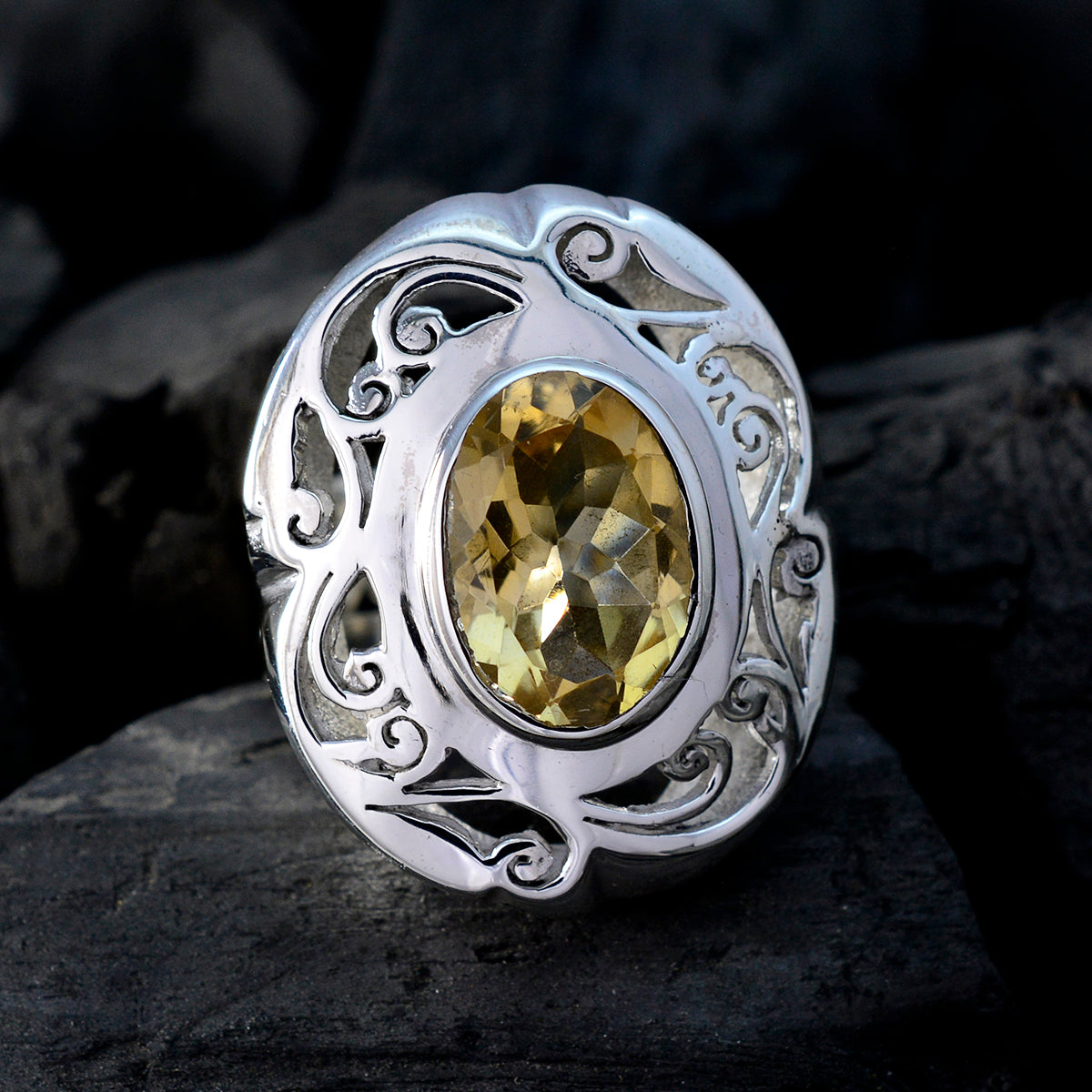 Citrine Solitaire Italian 925 Sterling Silver Yellow Gemstones Chunky Filigree Ring Jewelry