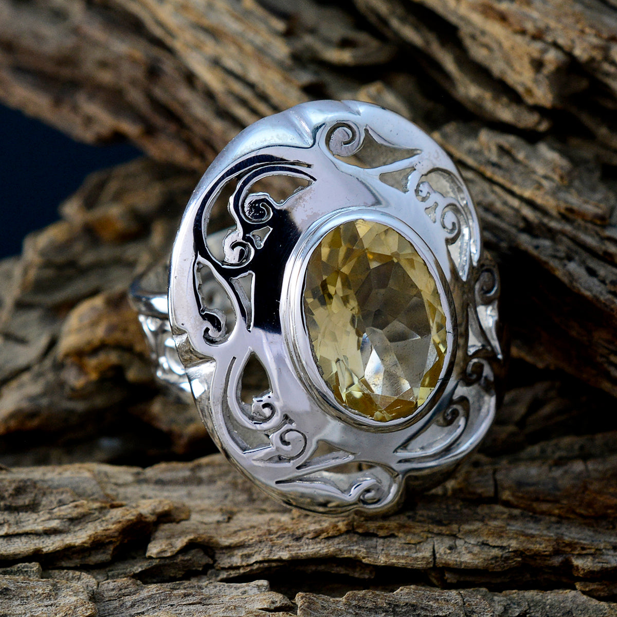 Citrine Solitaire Italian 925 Sterling Silver Yellow Gemstones Chunky Filigree Ring Jewelry