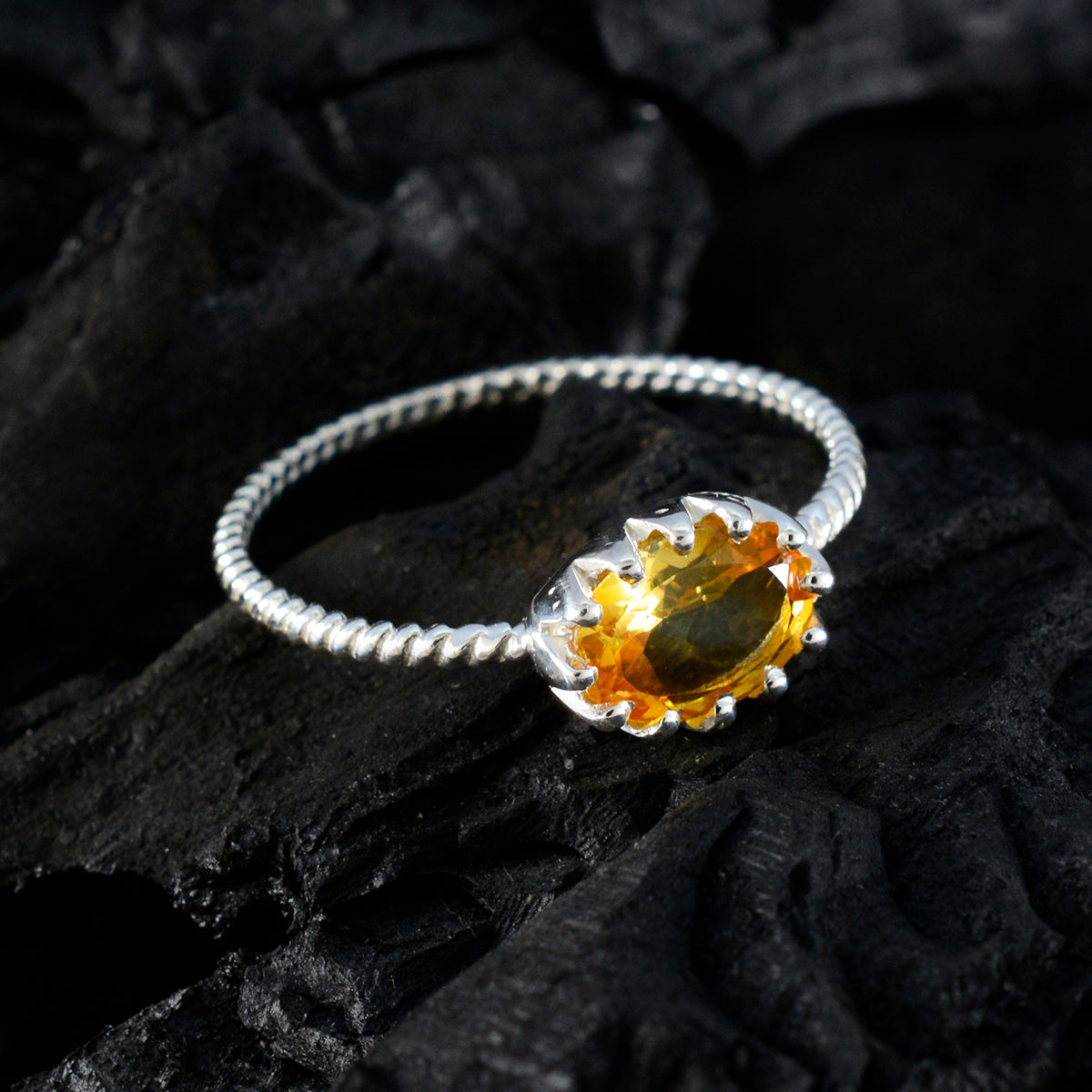 Citrine Solitaire Korean 925 Silver Yellow Gems Minimalist Twist Ring Jewelry