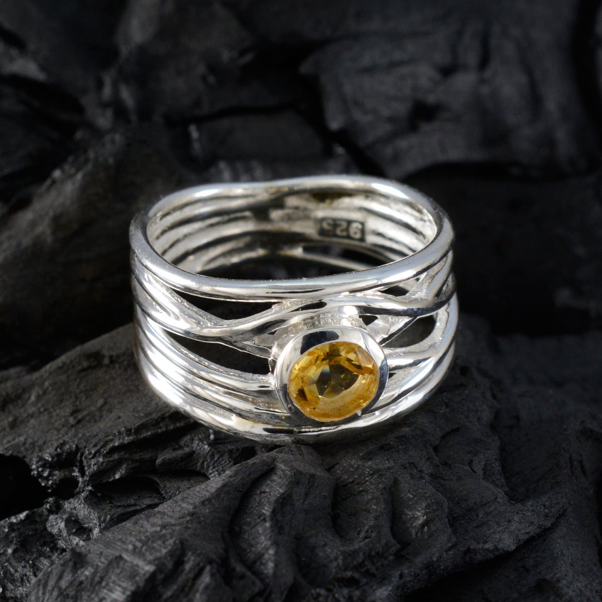 Citrine Solitaire Middle Eastern 92.5 Silver Yellow Gemstone Eye catching Rope Wire Band Jewelry