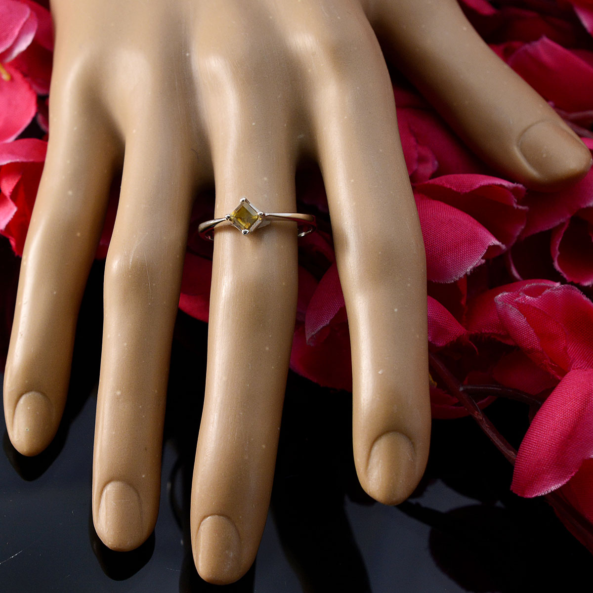 Citrine Solitaire Korean Sterling Silver Yellow Gems Delicate Romantic Ring Jewelry