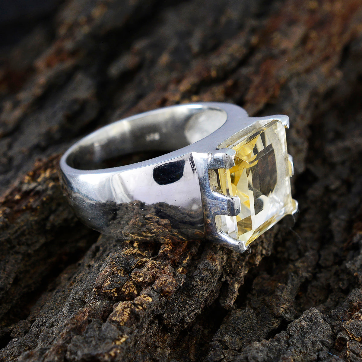 Citrine Solitaire Italian 92.5 Silver Yellow Gems Statement Traditional Ring Jewellery