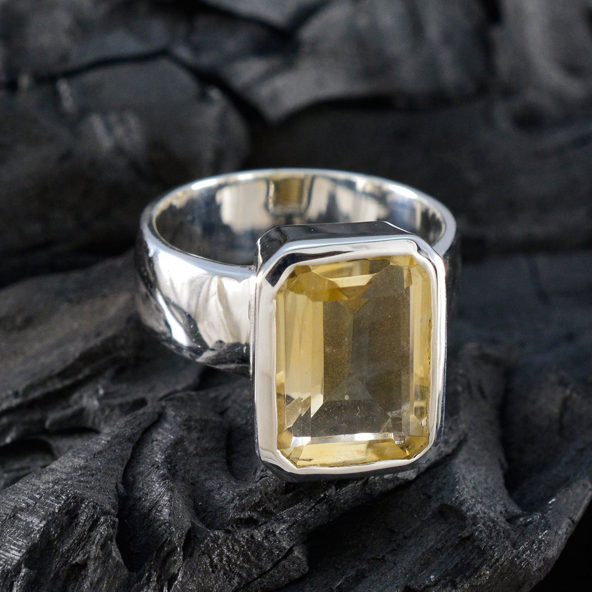 Citrine Solitaire Italian 925 Silver Yellow Gemstones Edgy Trendy Ring Jewelry