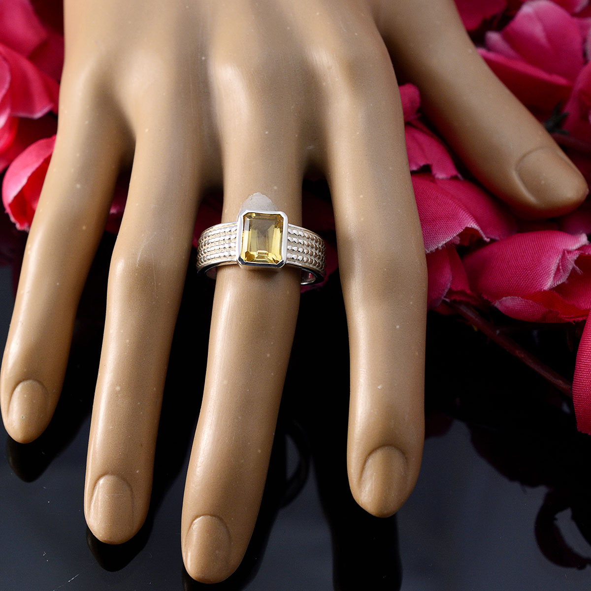 Citrine Solitaire Moroccan Sterling Silver Yellow Gems Mid weight Graceful Ring Jewelry