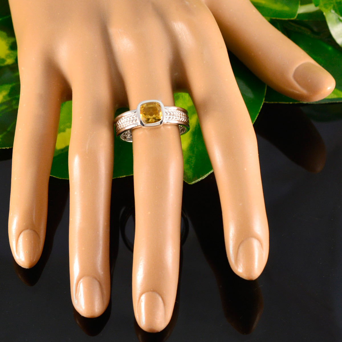 Citrine Solitaire Italian 925 Sterling Silver Yellow Gemstones Mid weight Rope Wire Band Jewellery