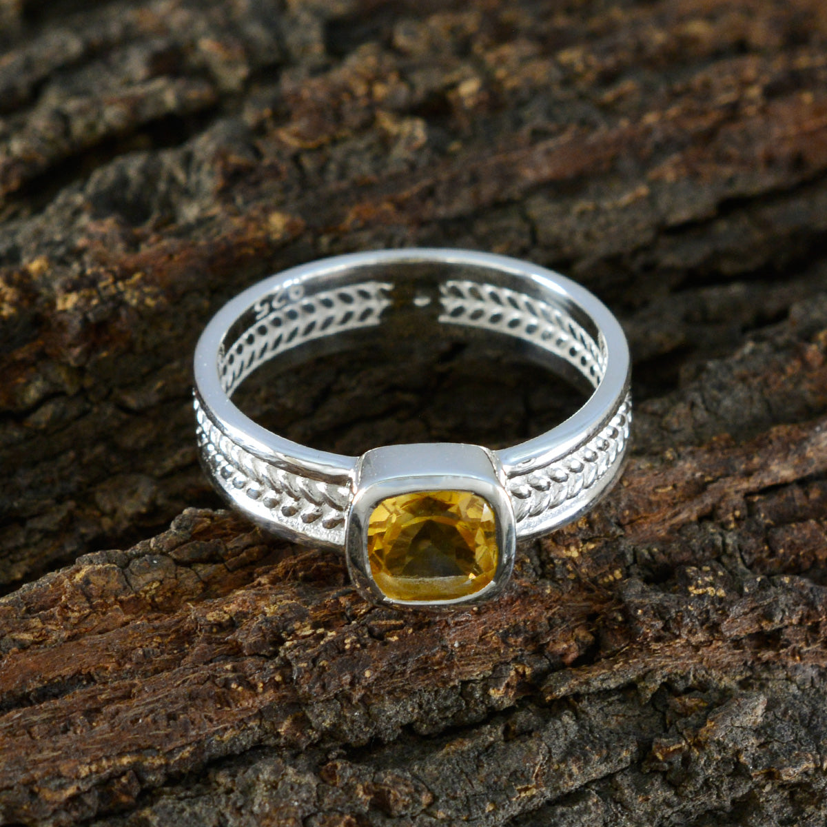 Citrine Solitaire Italian 925 Sterling Silver Yellow Gemstones Mid weight Rope Wire Band Jewellery