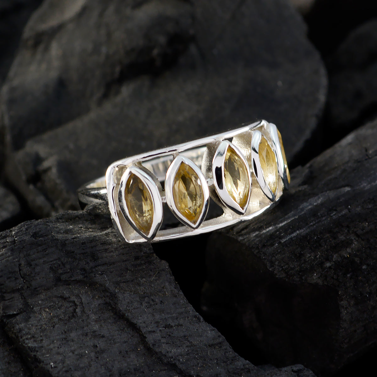 Citrine Penta German 92.5 Silver Yellow Gems Slim Cultural Ring Jewellery