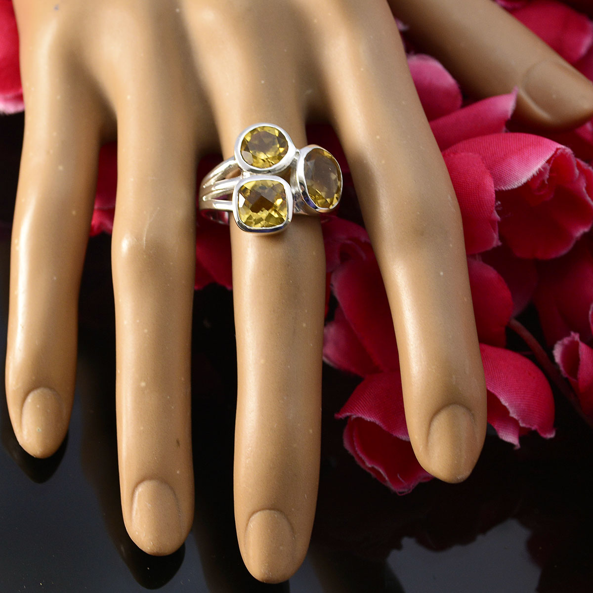 Citrine Trilogy German 925 Sterling Silver Yellow Gems Mid weight Sophisticated Ring Jewelry