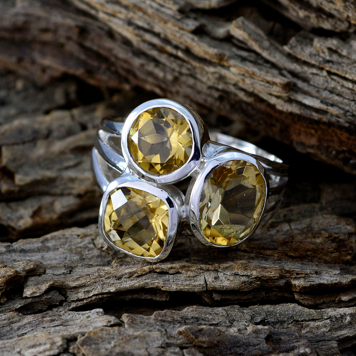 Citrine Trilogy German 925 Sterling Silver Yellow Gems Mid weight Sophisticated Ring Jewelry