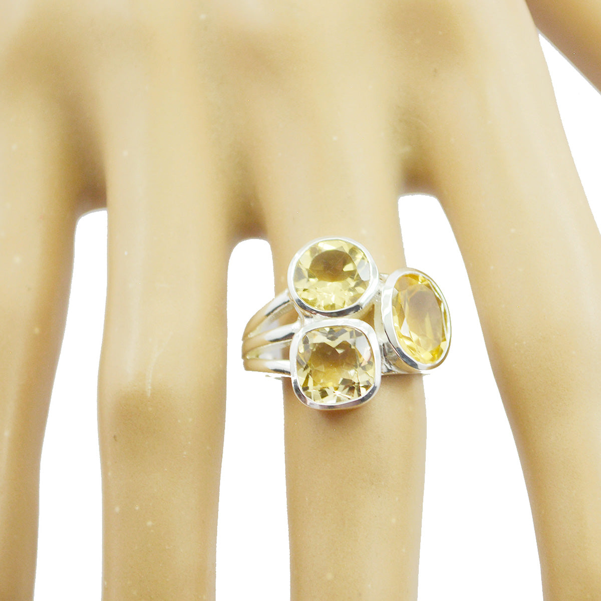 Citrine Trilogy German 925 Sterling Silver Yellow Gems Mid weight Sophisticated Ring Jewelry