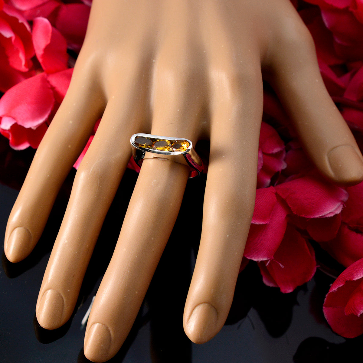 Citrine Trilogy Russian Silver Yellow Gemstone Tiny Modern Ring Jewellery