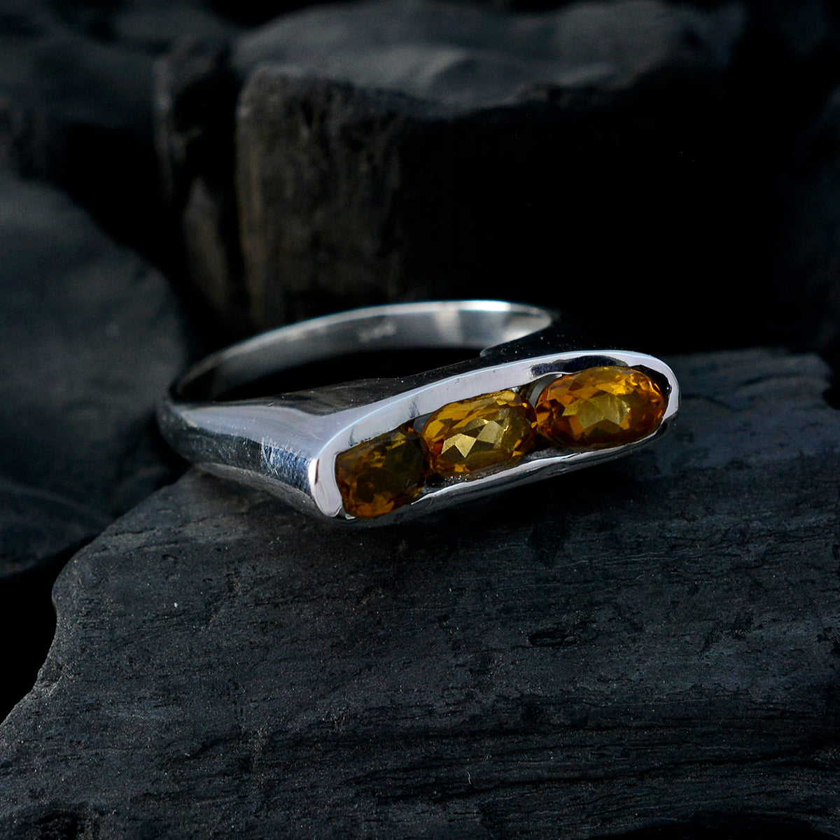 Citrine Trilogy Russian Silver Yellow Gemstone Tiny Modern Ring Jewellery