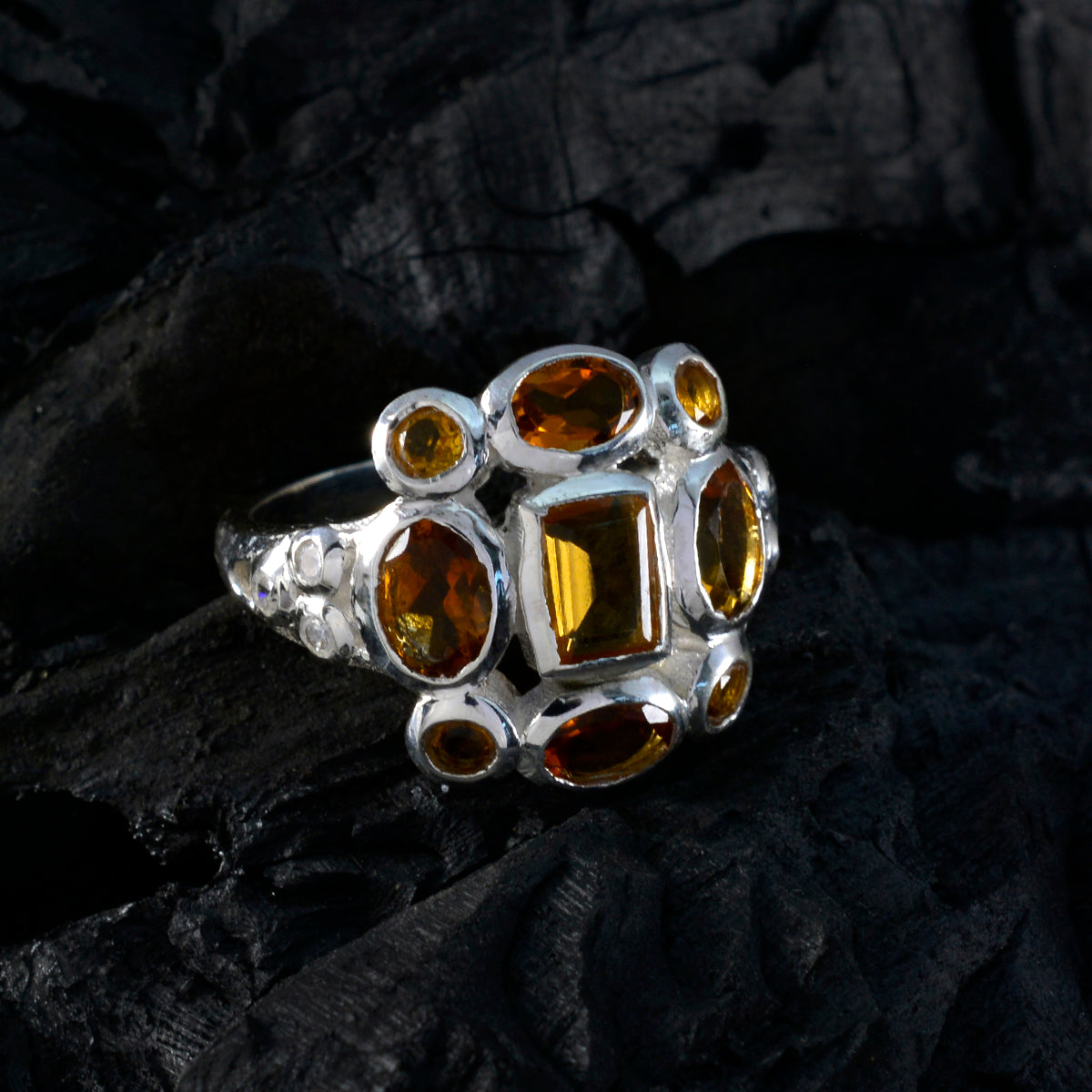 Citrine Navratna Indian 925 Sterling Silver Yellow Gemstone Minimal Sophisticated Ring Jewelry