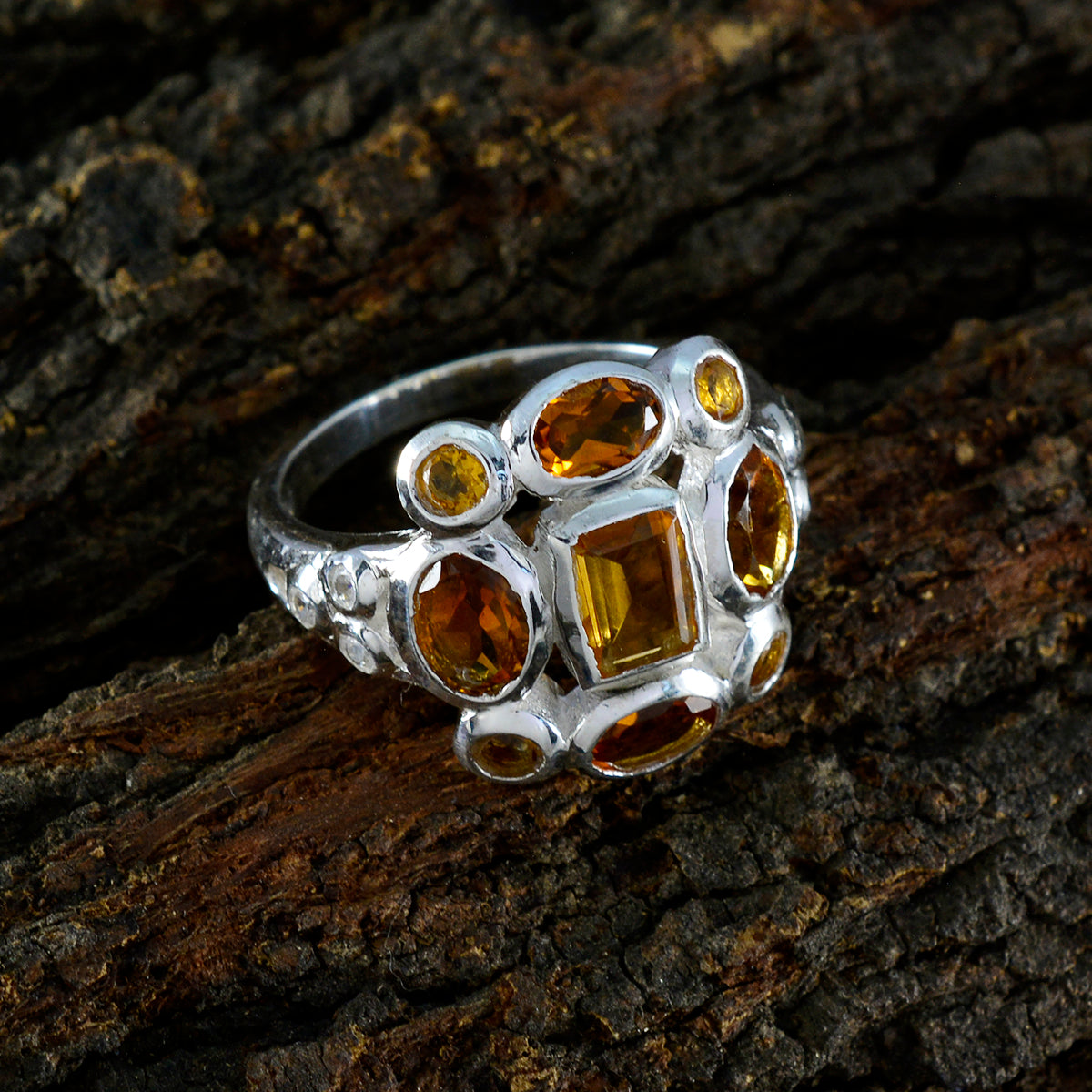 Citrine Navratna Indian 925 Sterling Silver Yellow Gemstone Minimal Sophisticated Ring Jewelry