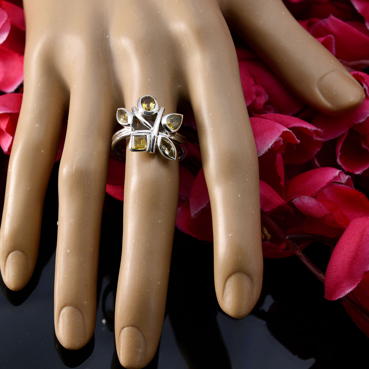 Citrine Penta Indian 92.5 Silver Yellow Gemstone Classic Graceful Ring Jewelry
