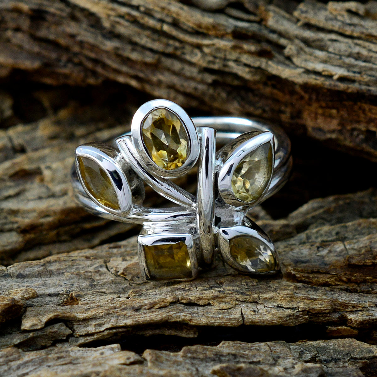 Citrine Penta Indian 92.5 Silver Yellow Gemstone Classic Graceful Ring Jewelry