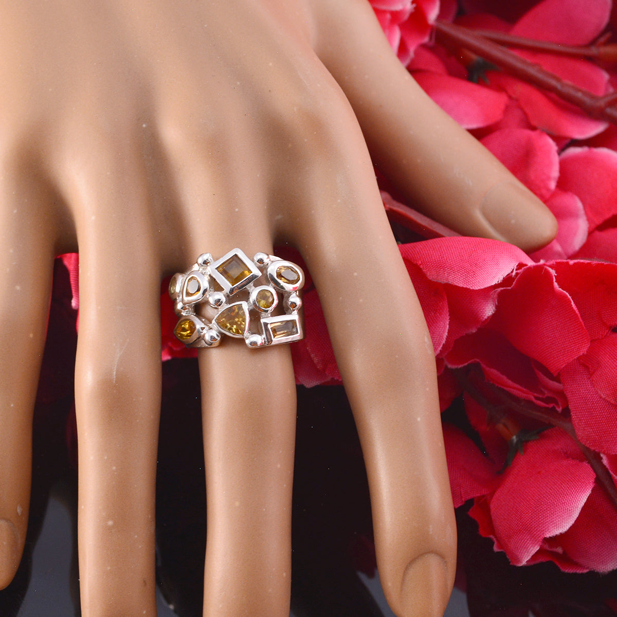 Citrine multiple Egyptian Silver Yellow Gemstones Eye catching Modern Ring Jewelry