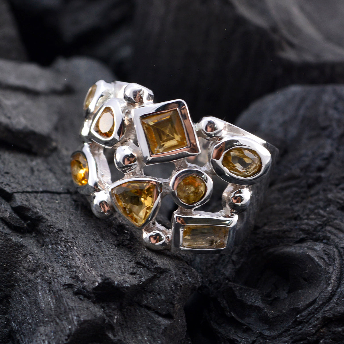 Citrine multiple Egyptian Silver Yellow Gemstones Eye catching Modern Ring Jewelry
