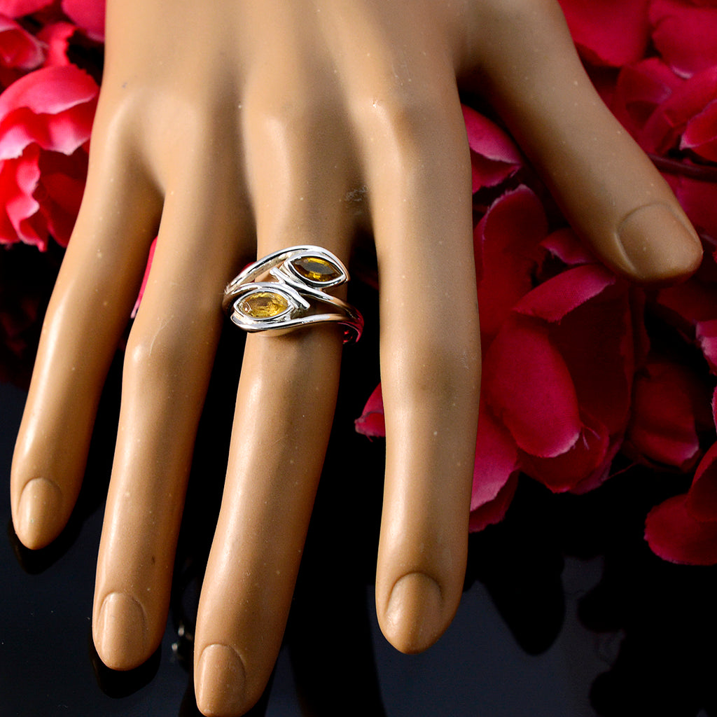 Citrine Toi et Moi Russian Silver Yellow Gemstones Slim Glamorous Ring Jewelry