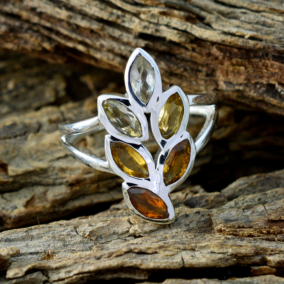 Citrine Hexa German Sterling Silver Yellow Gemstones Slim Cultural Ring Jewelry