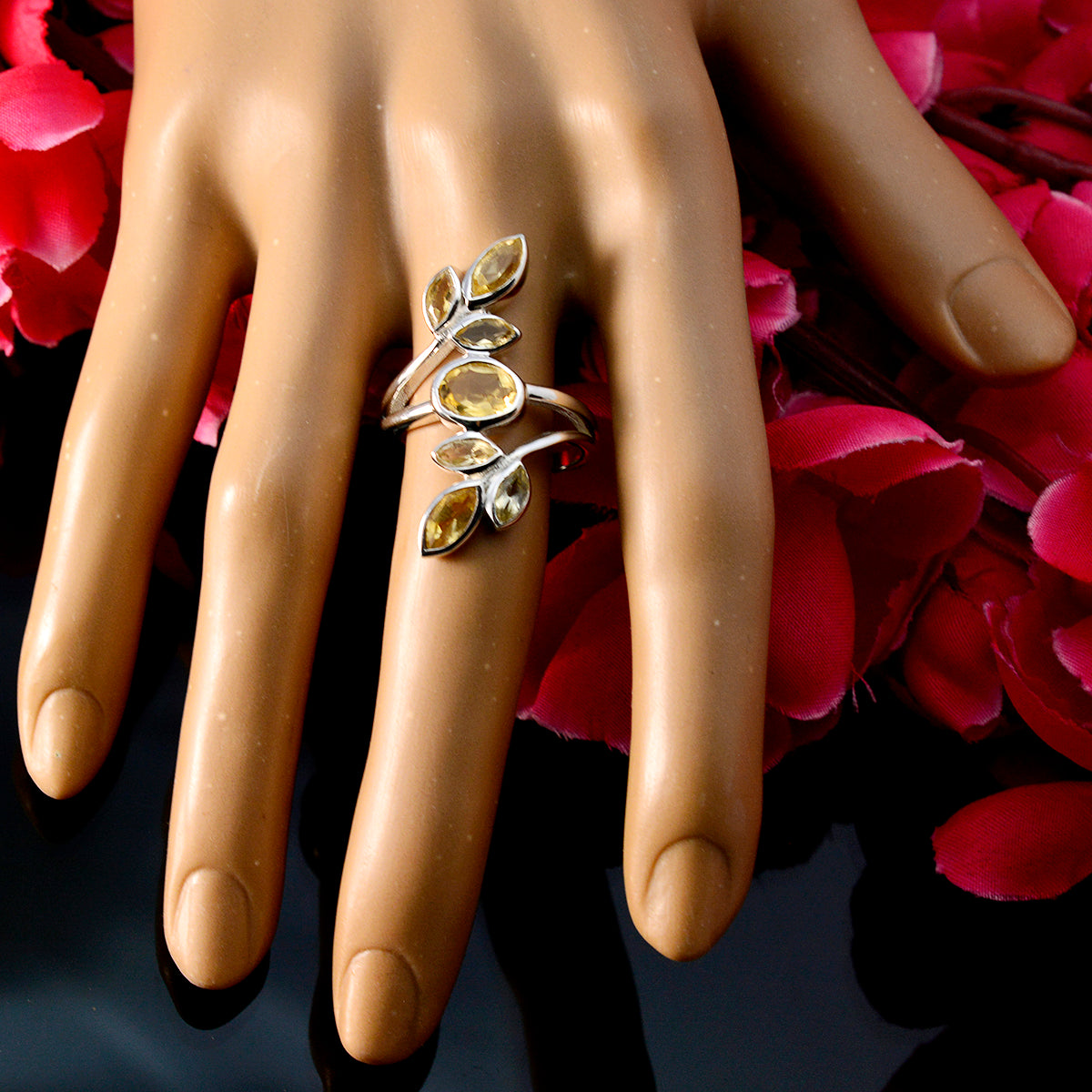 Citrine Hepta African 92.5 Silver Yellow Gemstone Mid weight Leafy Ring Jewelry