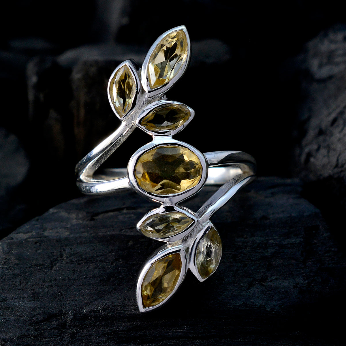 Citrine Hepta African 92.5 Silver Yellow Gemstone Mid weight Leafy Ring Jewelry