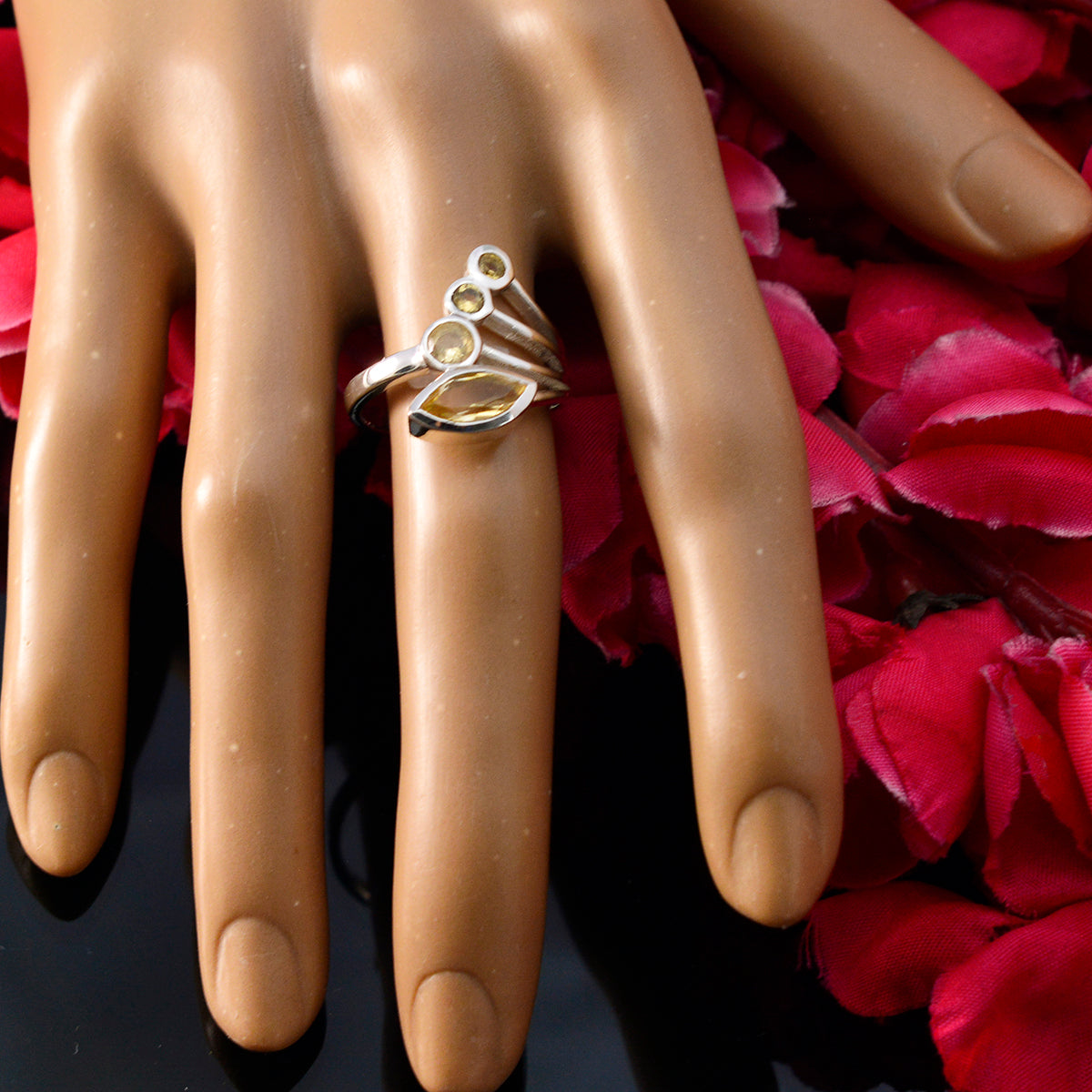 Citrine quarter Russian Sterling Silver Yellow Gems Slim Feminine Ring Jewelry