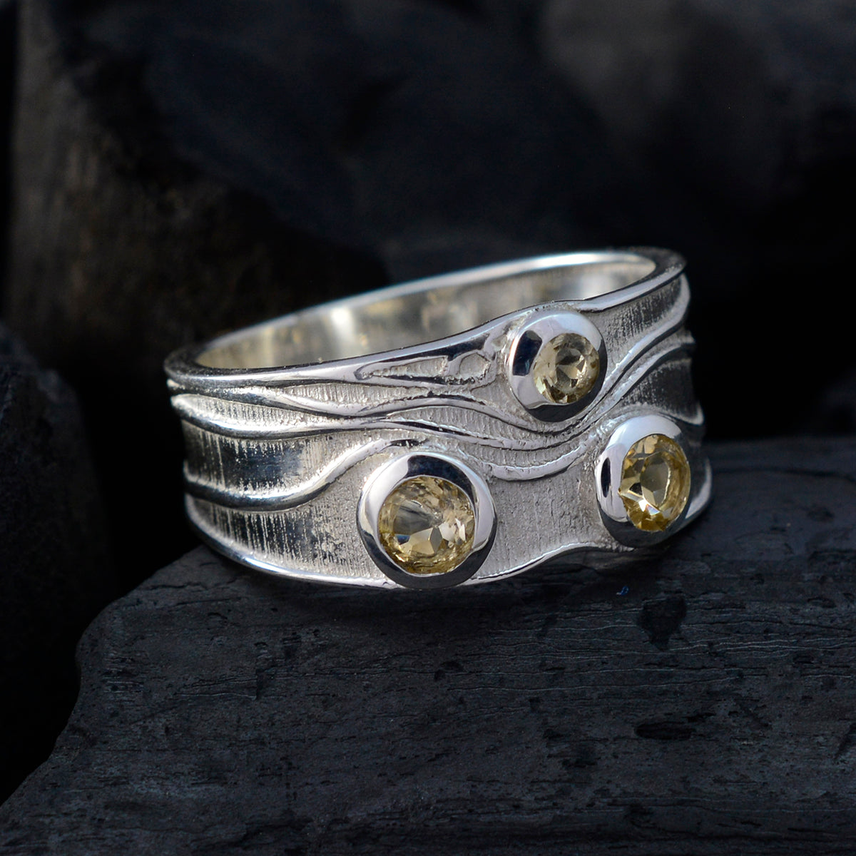 Citrine Trilogy French 92.5 Silver Yellow Gems Slim Boho Ring Jewellery