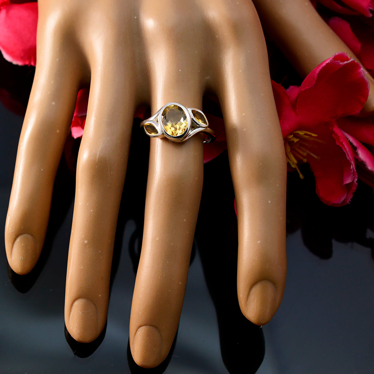 Citrine Trilogy Russian Silver Yellow Gemstone Slim Feminine Ring Jewelry